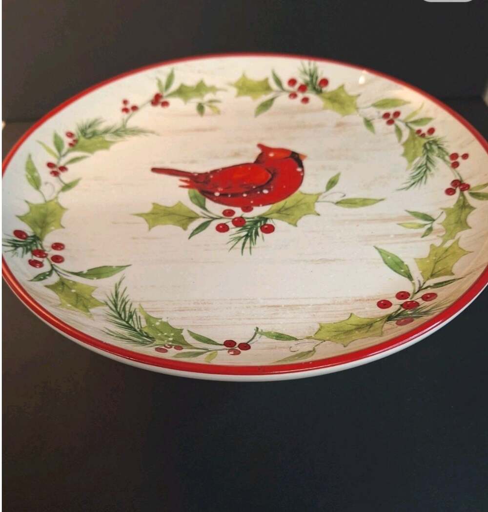Cracker Barrel Earthenware Pedestal Cake Stand with Christmas Cardinal Design